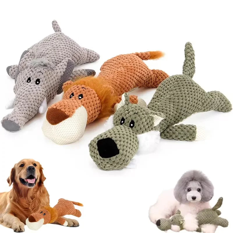 Bite-Resistant Plush Dog Toy – Squeaky Lion, Wolf & Elephant