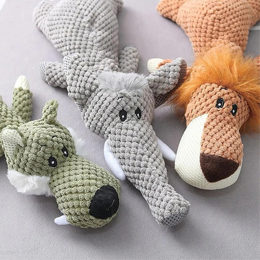 Bite-Resistant Plush Dog Toy – Squeaky Lion, Wolf & Elephant