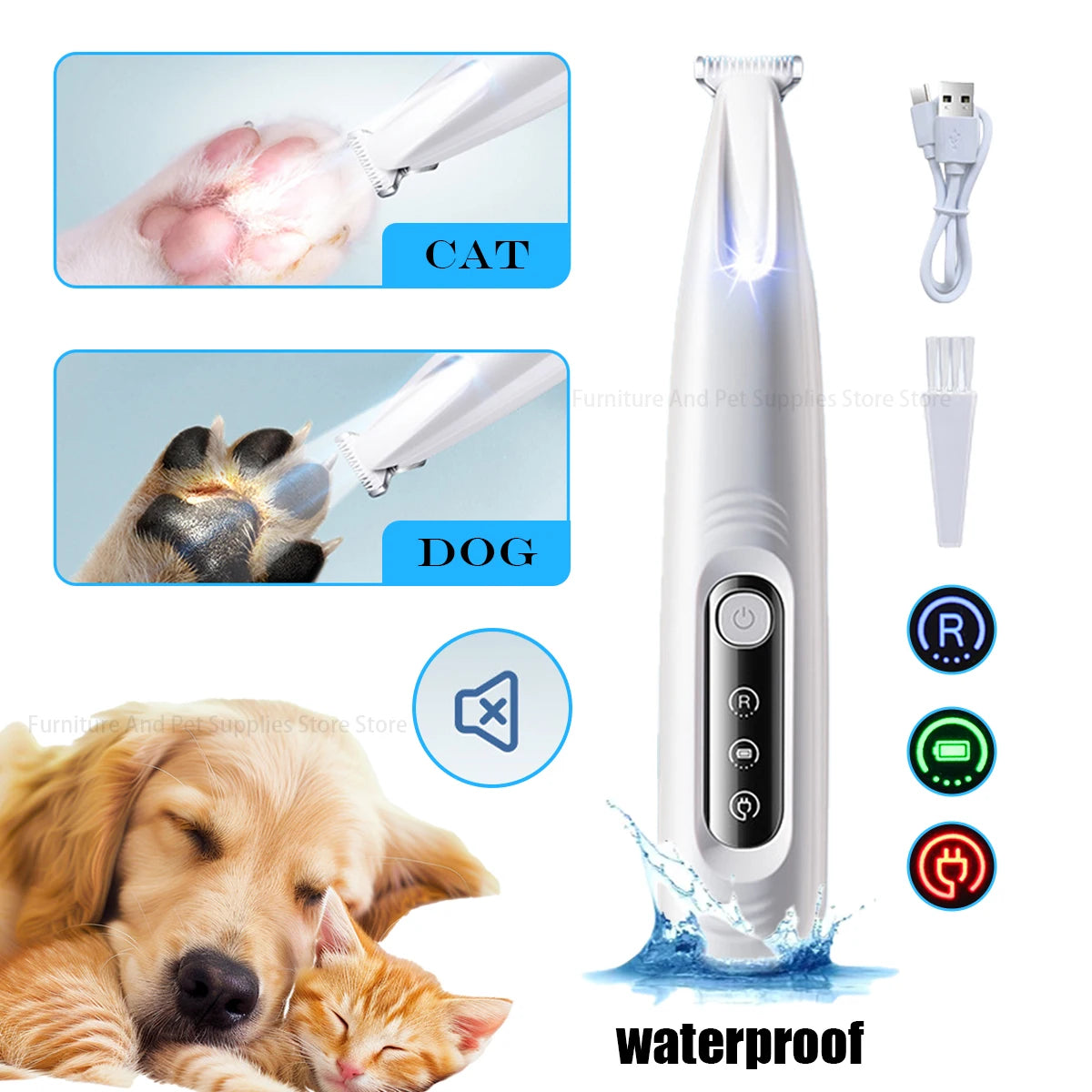 Waterproof Dog Paw Trimmer – LED Hair Clipper